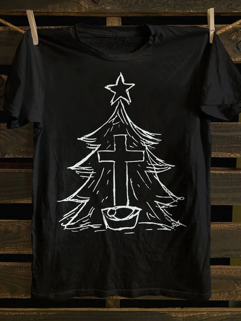 Unisex The Cross And The Christmas Tree Print T-shirt