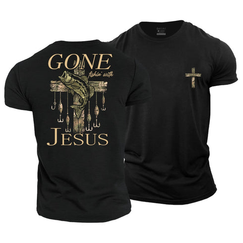 Black t-shirt with 'Gone Fishing with Jesus' design on a white background