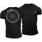 A black Men's T-shirt with a crew neck and short sleeves featuring a Viking-themed graphic design on the back, including a dragon and Norse patterns.