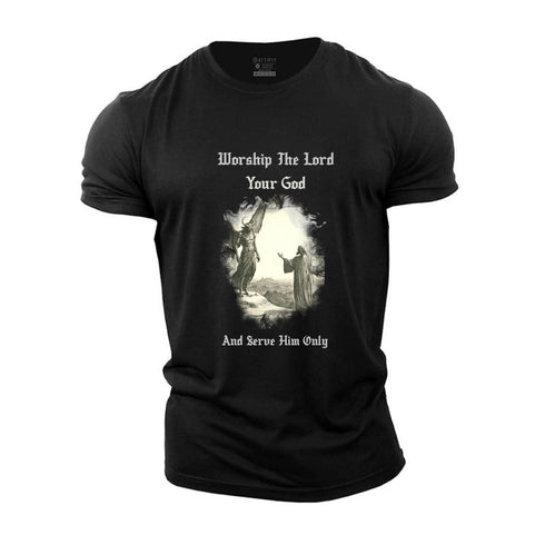 Black t-shirt with religious graphic and text on a white background