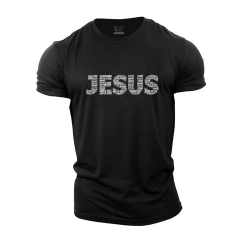 Black t-shirt with 'JESUS' printed in white on a white background