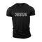 Black t-shirt with 'JESUS' printed in white on a white background