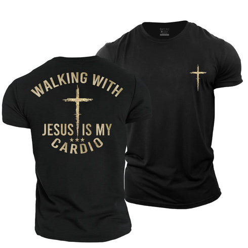 Men's navy blue cotton T-shirt with text 'WALKING WITH JESUS IS MY CARDIO' and a cross symbol on the front and back.