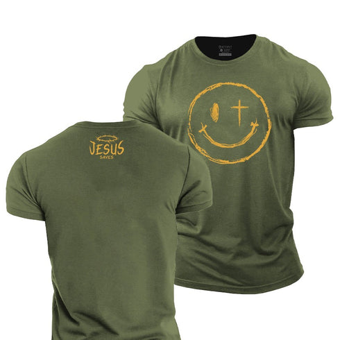 A green cotton t-shirt with a smiley face design and the text 'Jesus' on the back.