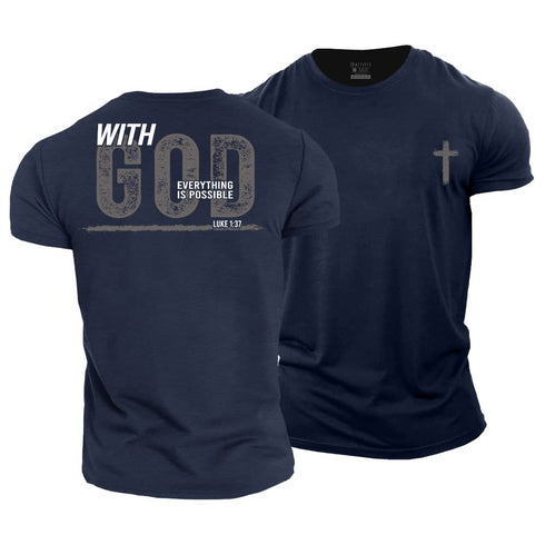 Navy blue t-shirt with motivational quote and cross design on a white background