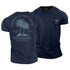 Navy blue t-shirt with palm tree design and text on a white background