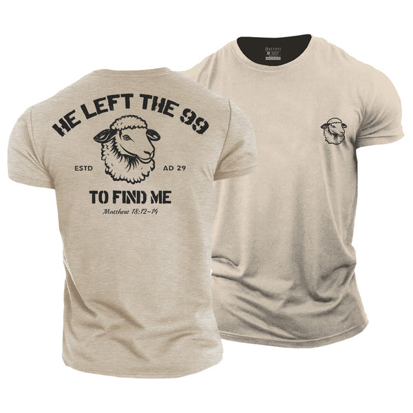 Men's beige cotton t-shirt with a crew neck and short sleeves, featuring text on the front and a sheep graphic on the back.