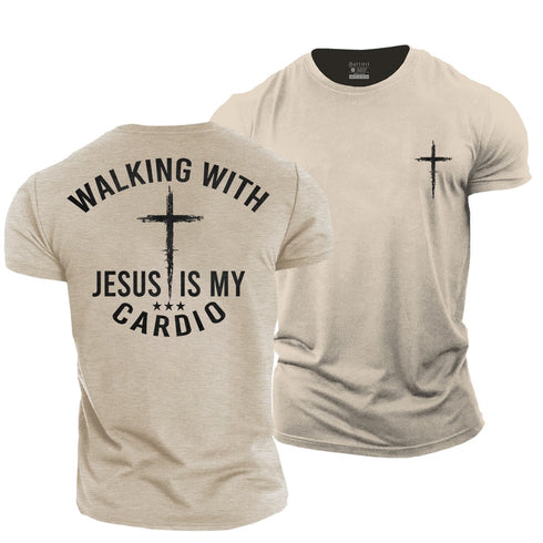 Men's Walking with Jesus Is My Cardio Cotton T-Shirt