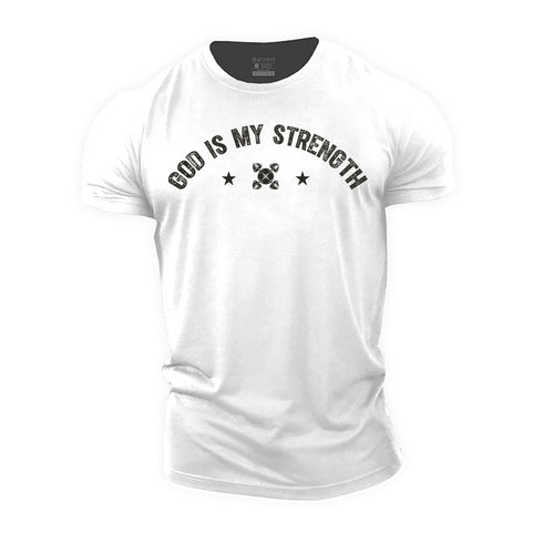 White t-shirt with 'God is my strength' text on a white background