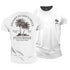 White t-shirt with palm tree design and text on a white background